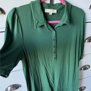LOFT Button Down Green Ribbed Shirt